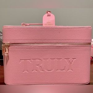 TRULY BEAUTY Vegan Leather PINK luxury travel trunk with pink satin storage bag
